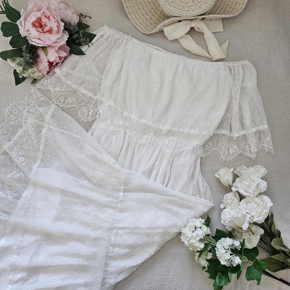 NWOT Coco Love Apparel White Lace Off-the-Shoulder Midi Dress